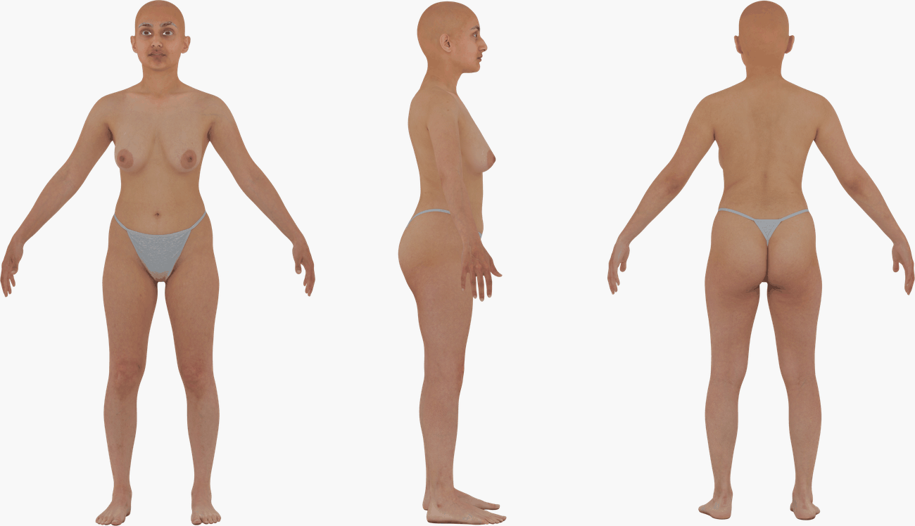 PBR texture map set for a female 3D body scan including Albedo, Normals, Specular, Metalness, and Diffuse maps